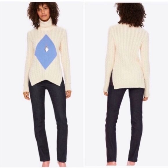 Tory Burch Sweater Nel Cable Knit Diamond Turtleneck Alpaca Wool in Cream Blue - Picture 3 of 15